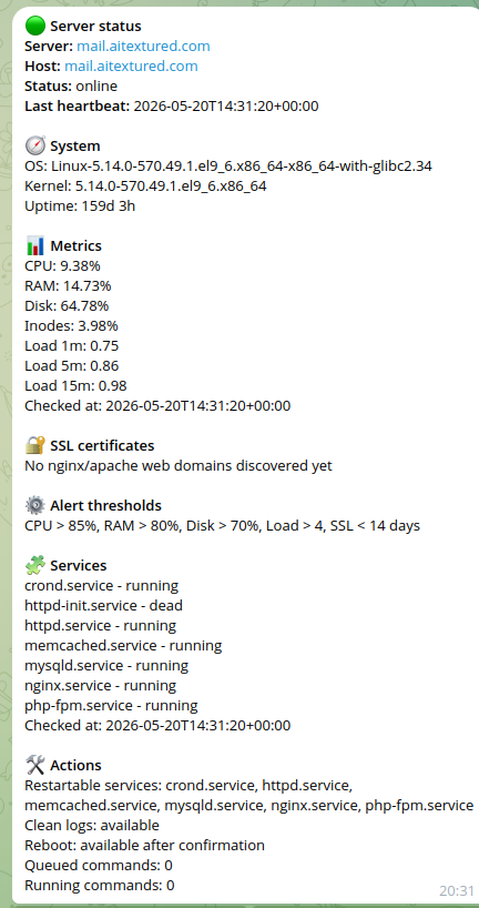 Online Server Monitor server card, SSL check and service control buttons