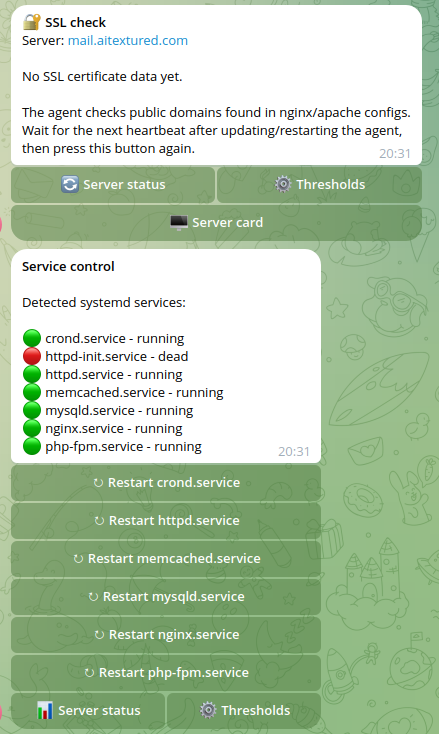 Online Server Monitor full status report with metrics SSL services and action buttons